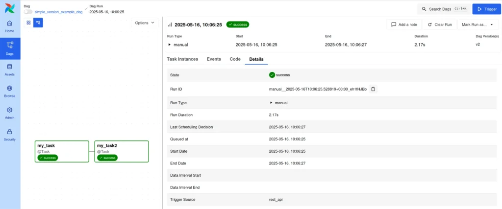 Screenshot of the Apache Airflow GUI showing an example of a DAG running without setting logical_date