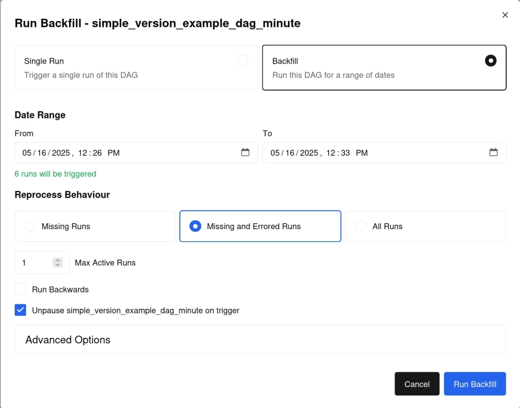 Screenshot of the Airflow graphical interface where you can configure the reprocessing of data from a backfill.