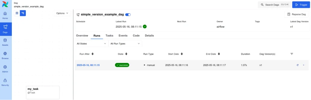 Screenshot of the Apache Airflow interface showing the successful execution of a DAG named ‘simple_version_example_dag’, with a single task named ‘my_task’.