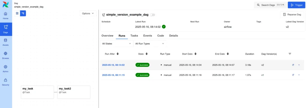 Screenshot of the execution of a DAG in Airflow showing the successful launch of ‘simple_version_example_dag’ for both v1 and v2 versions.