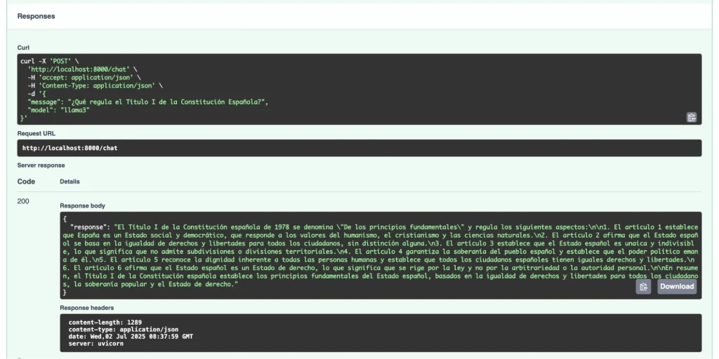 Captura de pantalla de la interfaz gráfica de FastAPI con ejemplo de respuesta proporcionada por RAG