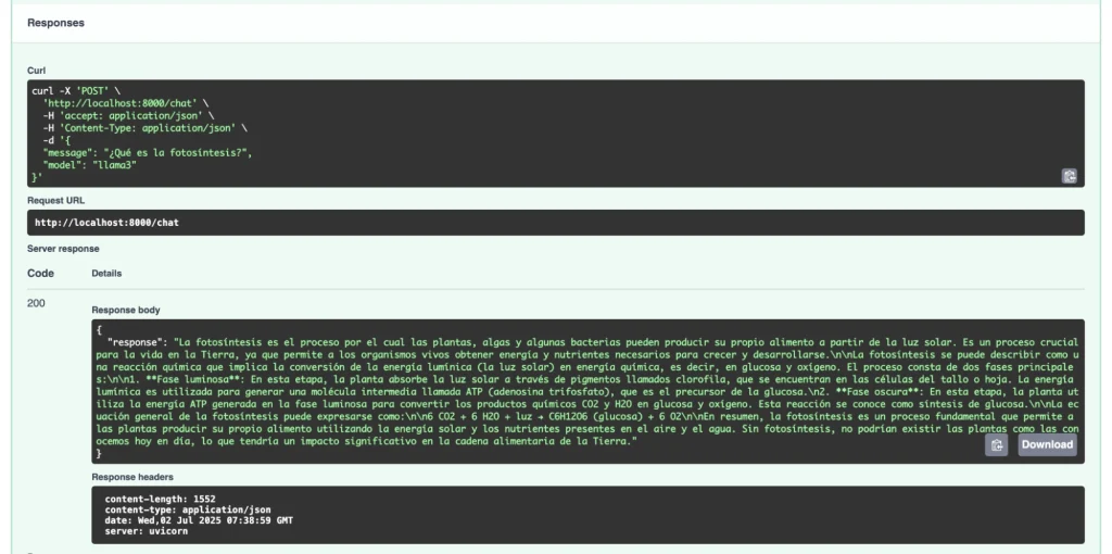 Captura de pantalla de la interfaz gráfica de FastAPI con ejemplo de respuesta proporcionada por el LLM