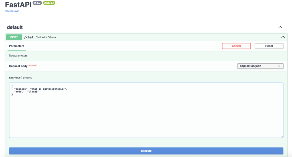 Screenshot of FastAPI GUI with LLM request example