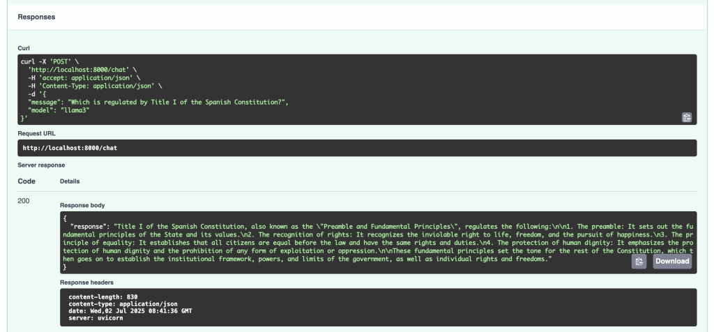 Captura de pantalla de la interfaz gráfica de usuario de FastAPI con una respuesta de ejemplo proporcionada por RAG.