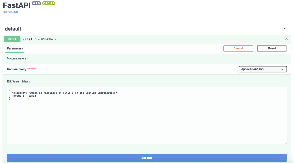 Screenshot of the FastAPI GUI with an example of a request sent to the RAG