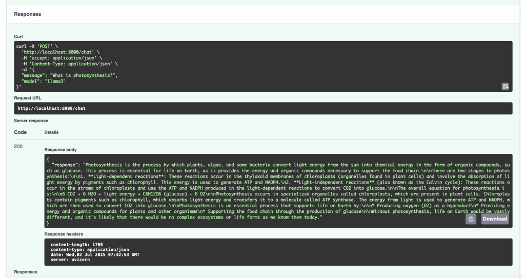 Screenshot of the FastAPI graphical interface with example response provided by the LLM