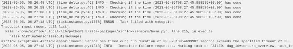 Example of sensor failure log in Apache Airflow due to timeout