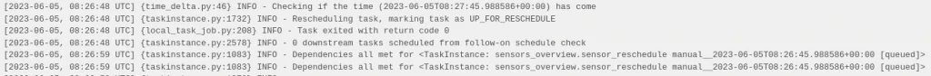 Example of a sensor log in Apache Airflow in reschedule mode