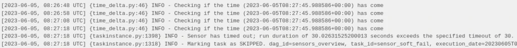 Example of a sensor failure log in Apache Airflow due to timeout applying soft_fail = True