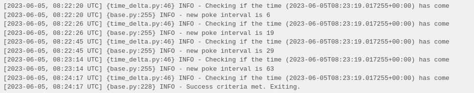 Example log when running a DAG in Airflow that implements the time-delta sensor applying exponential_backoff=True