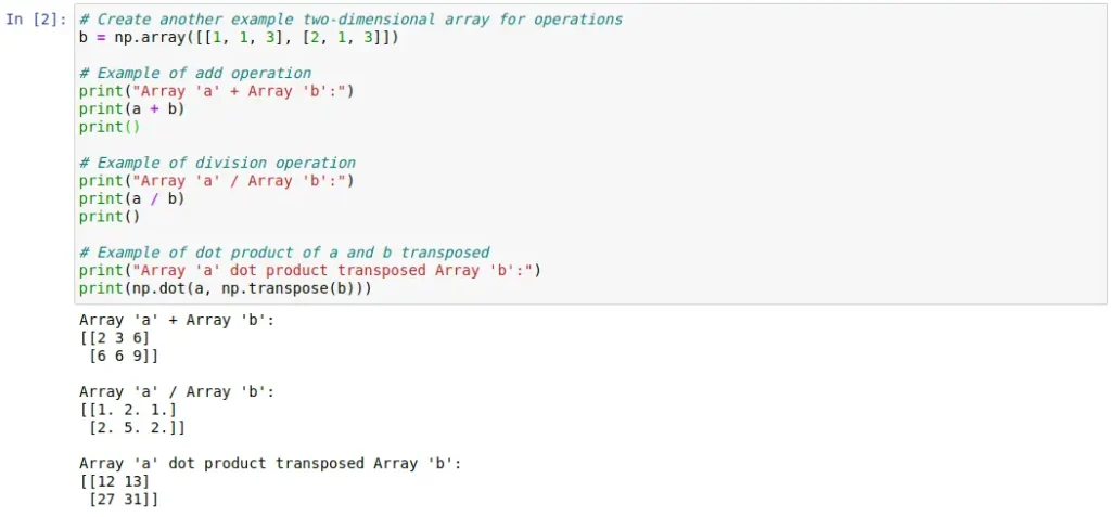 An example code from Python's Numpy library for using Array