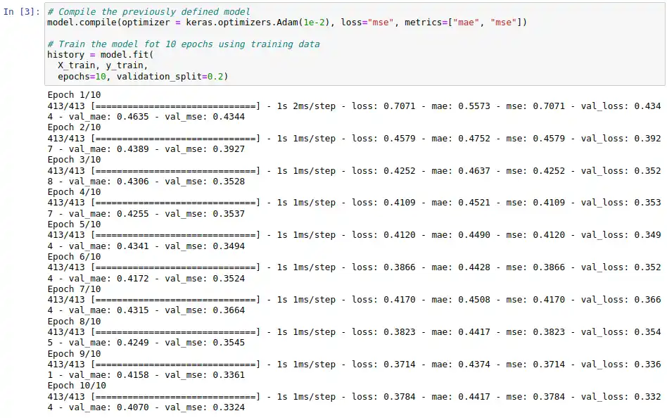 An example code from the Python Tensorflow/Keras library for compiling and training a model