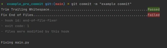 Ejemplo de cómo se muestra la fase en la que ha fallado la ejecución de Hooks en pre-commit y los ficheros afectados