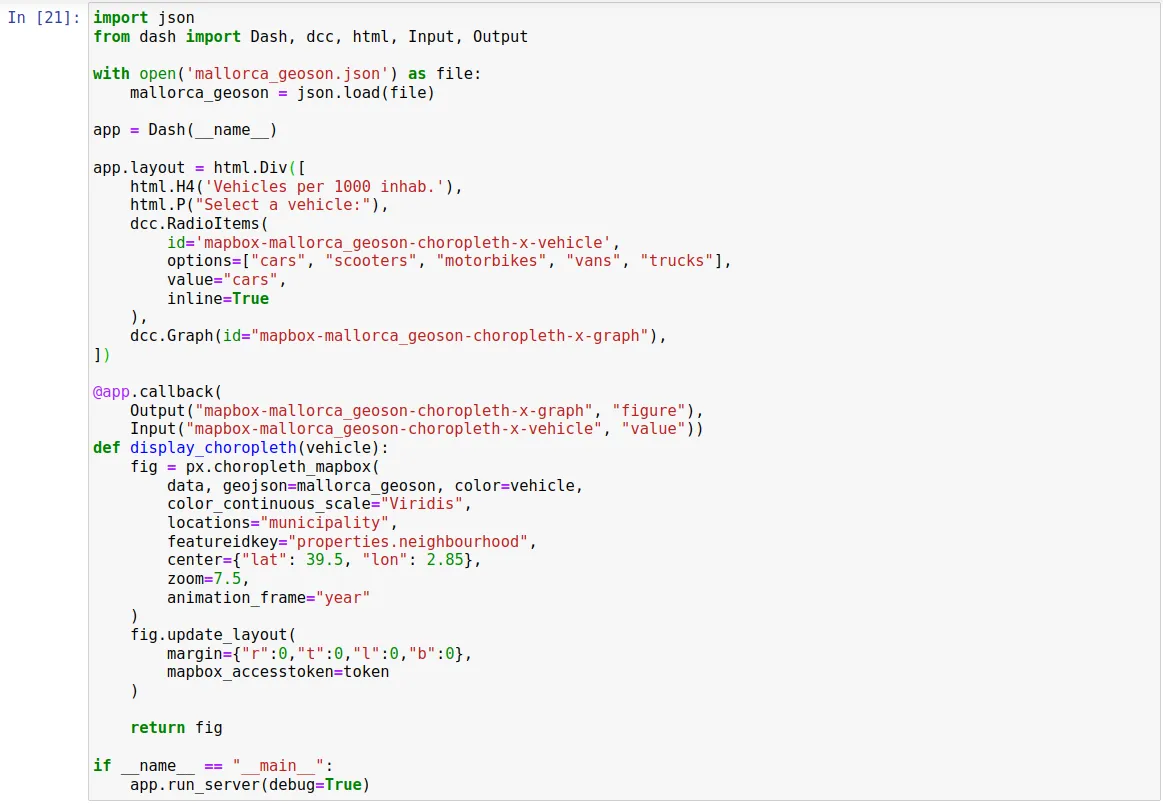 Example of interactive map representation using Python's Plotly library and the Dash framework for building web applications