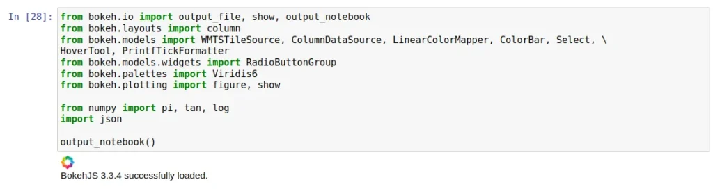 Ejemplo de importación de la librería Bokeh de Python para trabajar con representaciones visuales