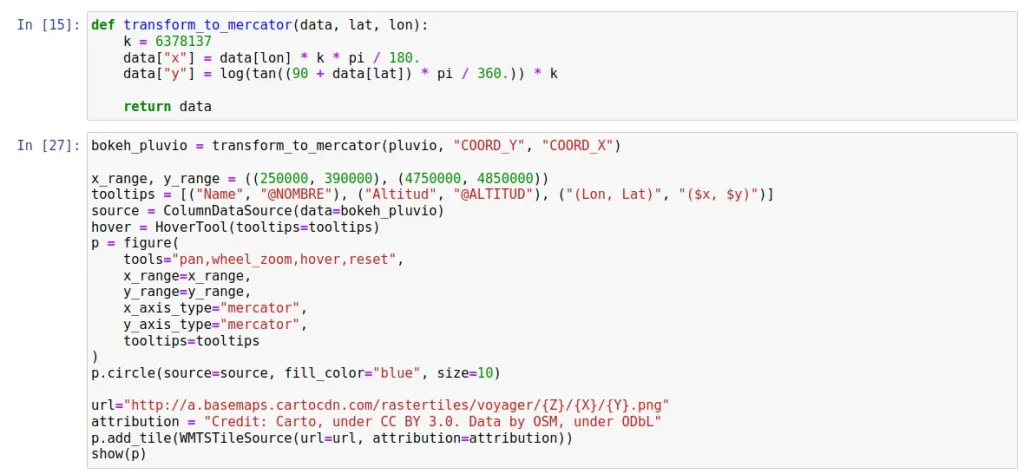 Ejemplo de transformación de datos de coordenadas con la librería Bokeh de Python para visualizaciones interactivas