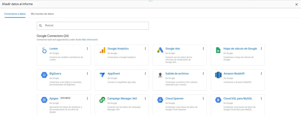 Panel que muestra los distintos tipos de conectores para importar datos a Looker Studio