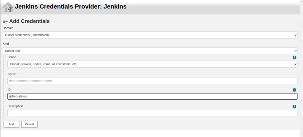 Screenshot for adding new credentials and the GitHub token to Jenkins