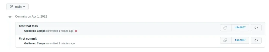 Screenshot showing an example of a failure in the GitHub commit of a Jenkins build execution