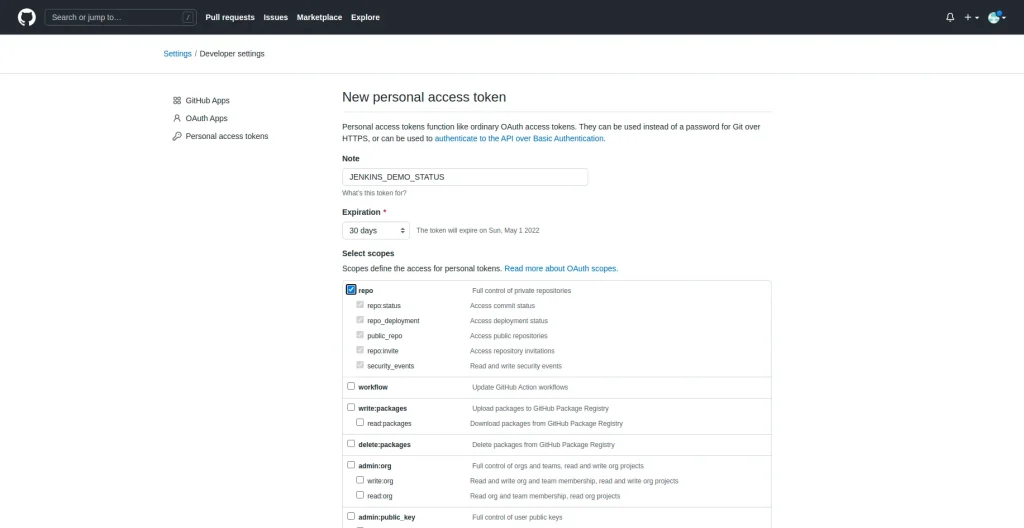 Screenshot for generating an access token in GitHub for integration with Jenkins