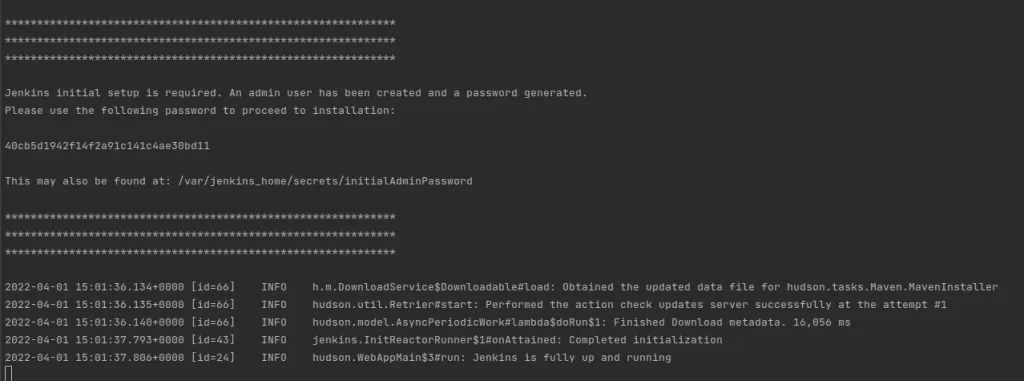 Screenshot after starting up and installing Jenkins