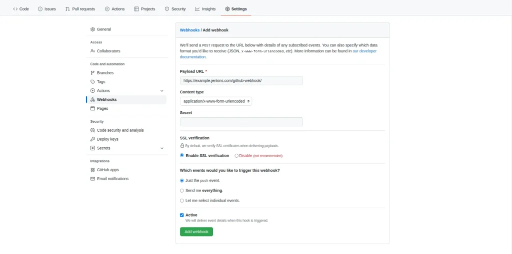 Screenshot for configuring a webhook in a Github repository to integrate Jenkins