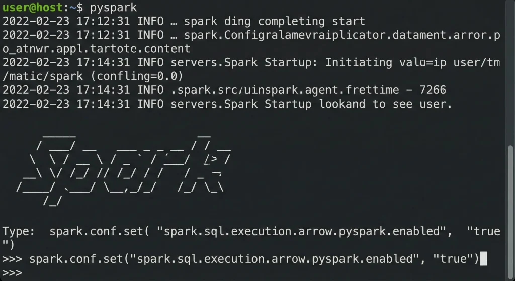 Captura de pantalla de la ejecución de comando de spark para habilitar el uso de arrow