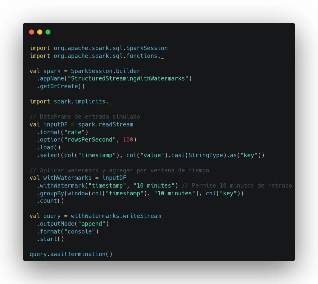 Ejemplo de watermark con timestamp en Apache Spark
