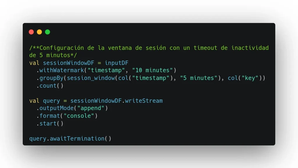 Ejemplo de creación de ventana de sesión con timeout de inactividad de 5 minutos con watermarks en Apache Spark