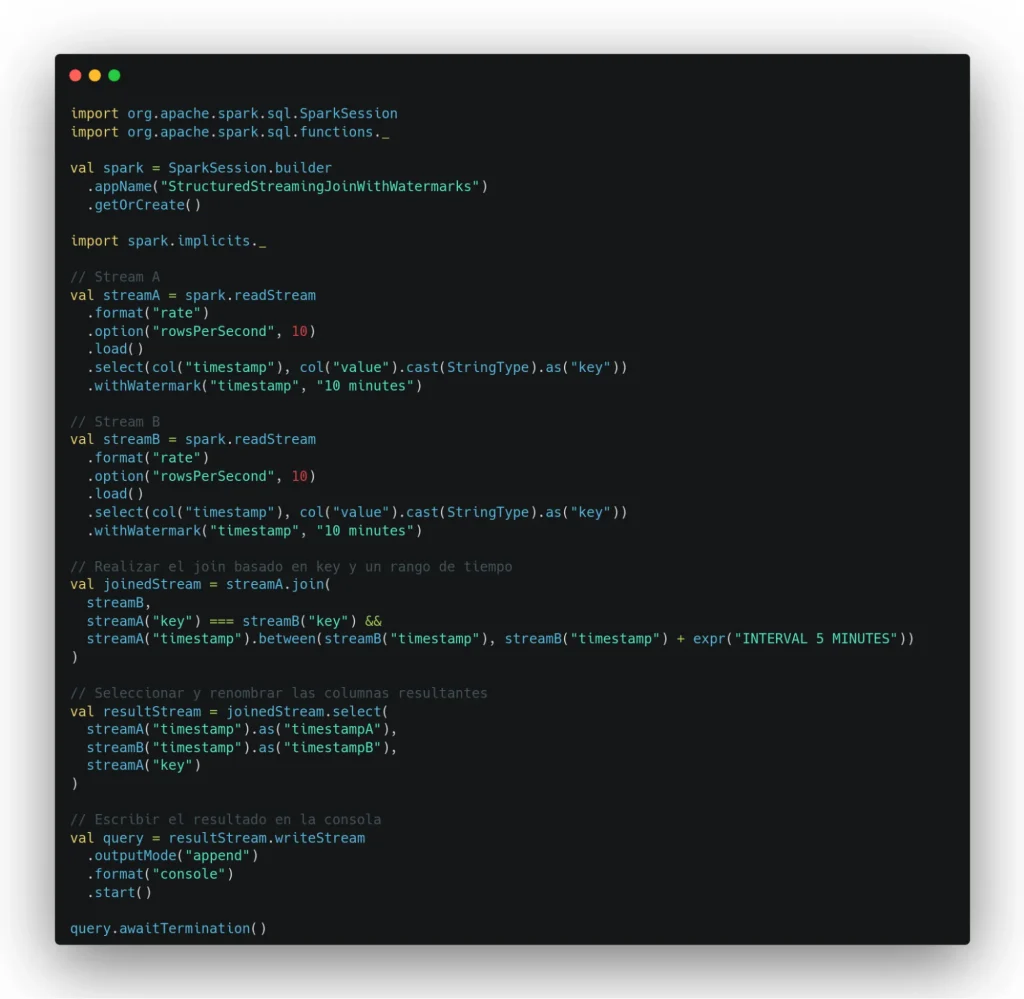 Ejemplo de unión de dos flujos de datos con una watermark de 10 minutos cada uno en Apache Spark