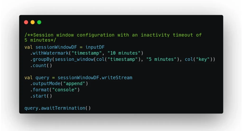 Example of creating a session window with a 5-minute inactivity timeout with watermarks in Apache Spark
