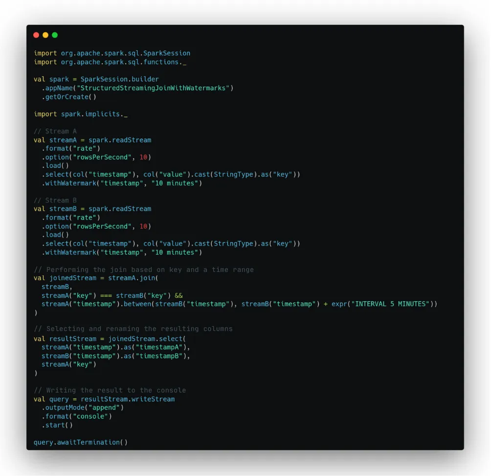 Example of joining two data streams with a 10-minute watermark each in Apache Spark