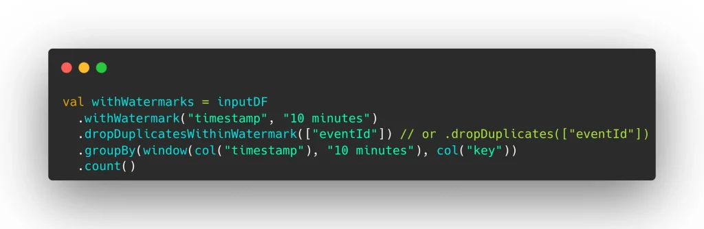 Example of applying the dropDuplicates method in Apache Spark watermarks