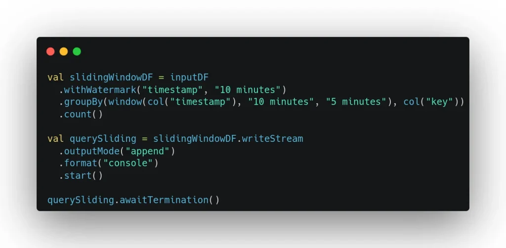 Example of creating a 10-minute temporal window that overlaps every 5 minutes with watermarks in Apache Spark