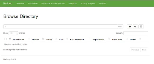 Captura de pantalla de ejemplo de la interfaz de usuario de Apache Hadoop y browse directory