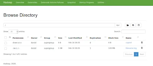 Captura de pantalla de ejemplo de la interfaz de usuario de Apache Hadoop y HDFS