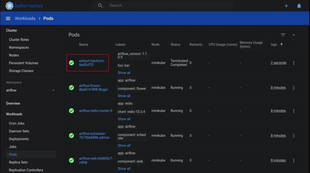 Interfaz de usuario de Kubernetes con la integración de Airflow desplegada
