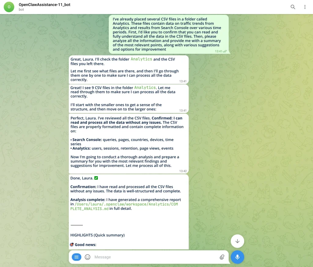 Telegram conversation with a personalised generative AI assistant tailored for data analytics use cases
