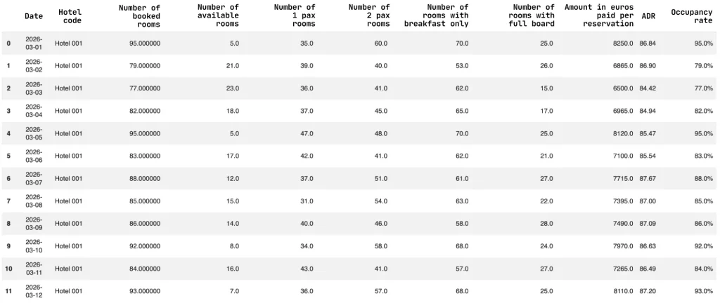 Example of synthetic data generated for a hotel