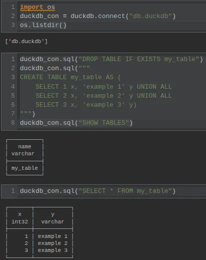 Example of how to create a connection to a file and a table in DuckDB