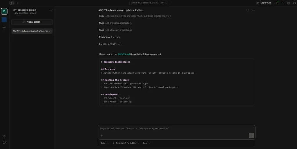 Running the /init command within the session with the OpenCode agent