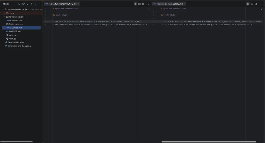Example of project configuration files in OpenCode that contain instructions for agents