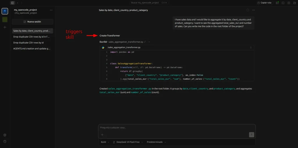 Example of how the OpenCode agent can detect a skill