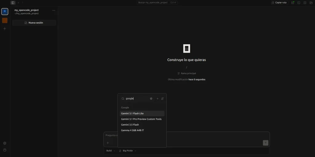 List of Gemini models available on OpenCode after logging in with the API key