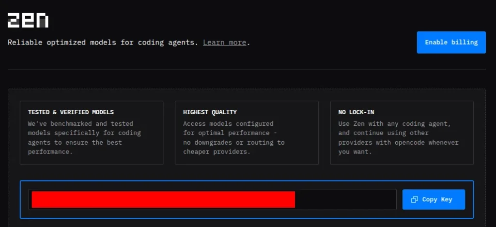 Generate an API Key for OpenCode Zen models